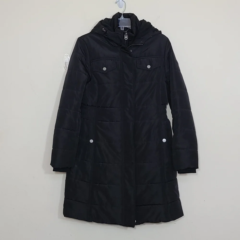 Lucky Brand Double Zip Hooded Puffer Women's Long Jacket Black Size S